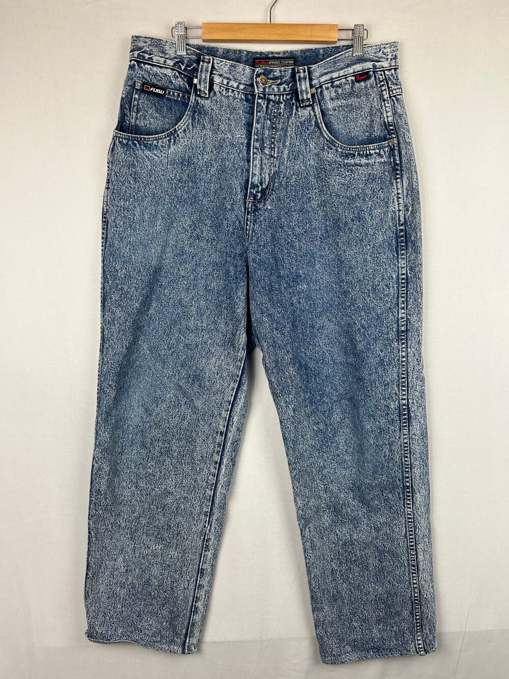 FUBU Acid Wash Blue Denim Jeans Y2K Vintage Men's Size 36x34 (Measures 36x32)